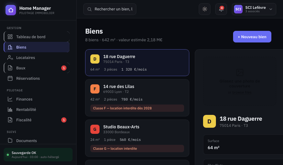 Écran biens Dwelly avec informations, diagnostics, photos et documents.