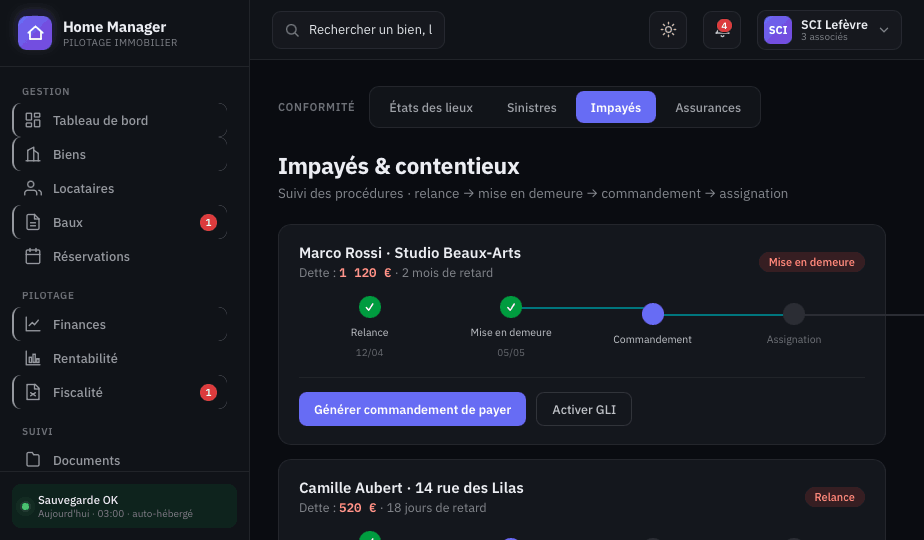 Écran Dwelly de suivi des impayés, relances et contentieux.